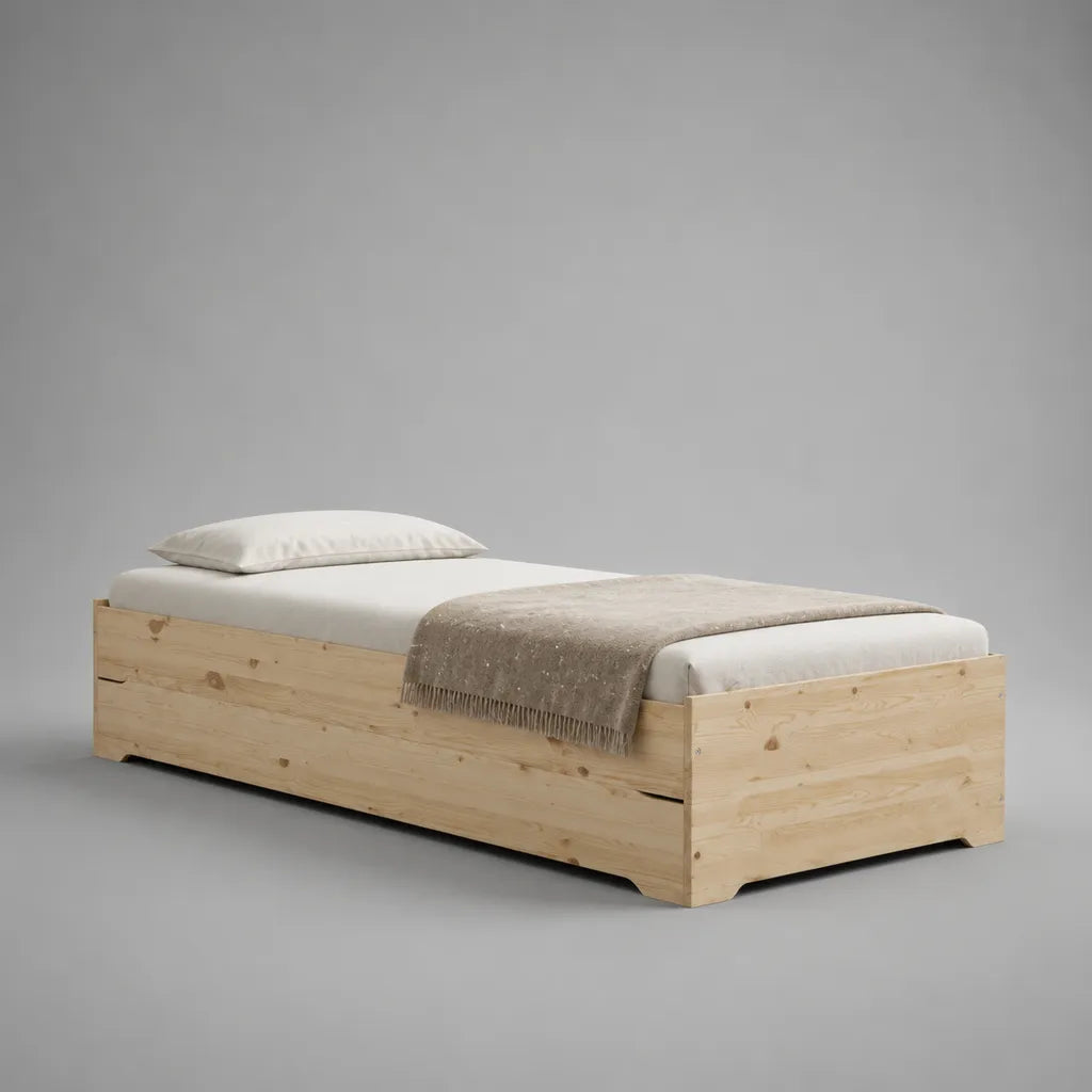 Einzelbett-Bettgestell aus massiver Kiefer, Naturholz, Liegefläche 90 x 200 cm, Gesamtmaß 206 x 96 x 60 cm