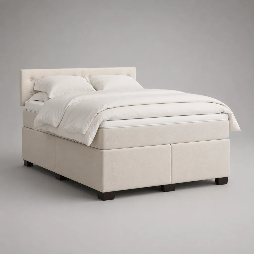 Boxspringbett-Doppelbett-Set mit Matratze, Topper und Kopfteil, Polyesterbezug, Creme, Liegefläche 180 × 200 cm, Gesamtmaß 190 × 215 × 115 cm