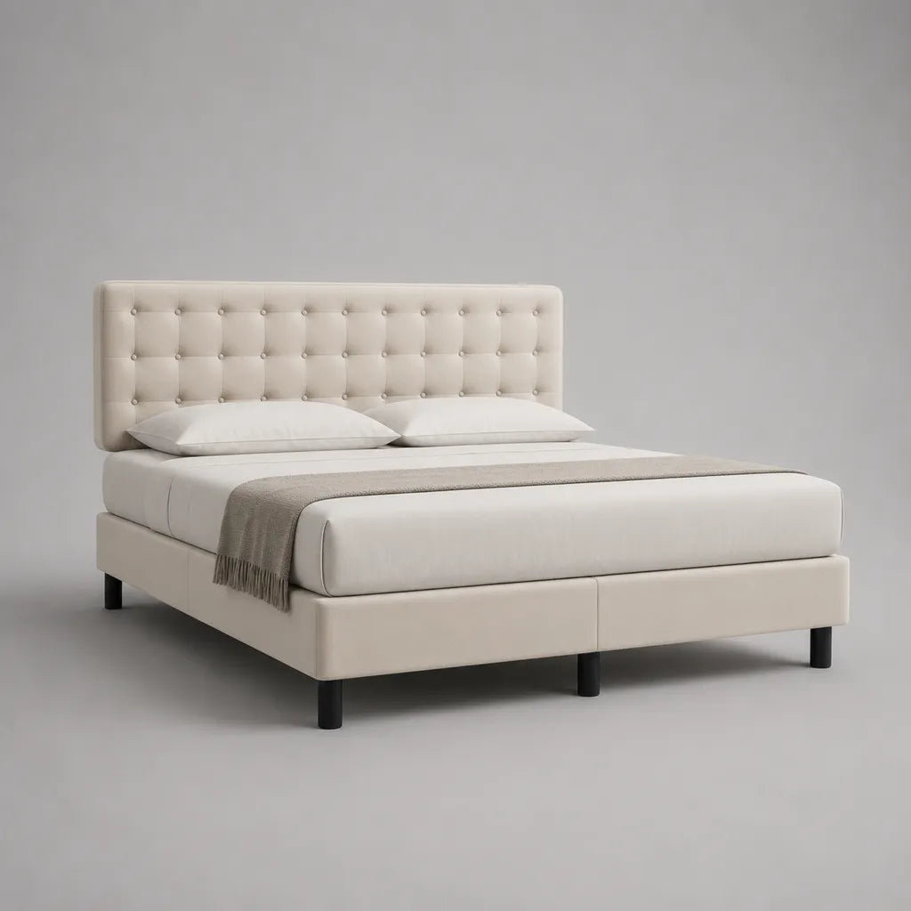 Polsterbett Doppelbett mit Knopfheftung, Polyester, Kiefer-Massivholz und Stahl, Beige/Schwarz, 180 x 200 cm
