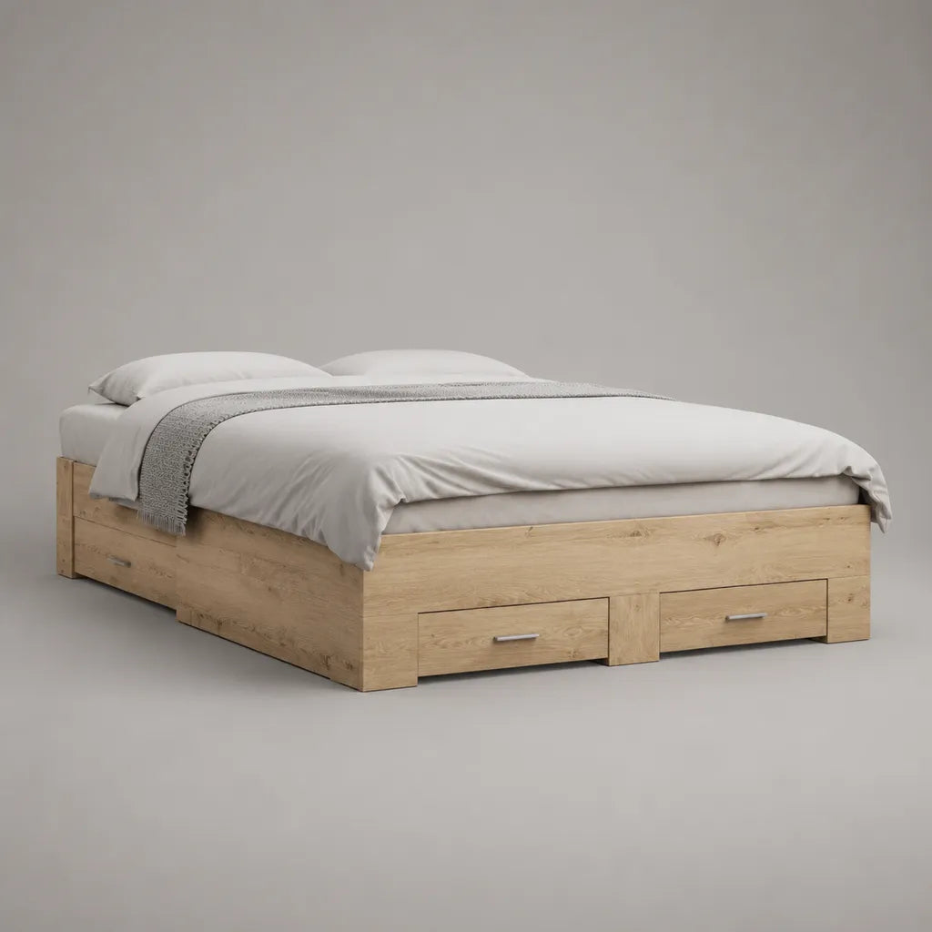 Stauraumbett Doppelbett mit 3 Schubladen aus melaminharzbeschichteter Spanplatte, Hellbraun, 166 × 206 × 45 cm, Liegefläche 160 × 200 cm