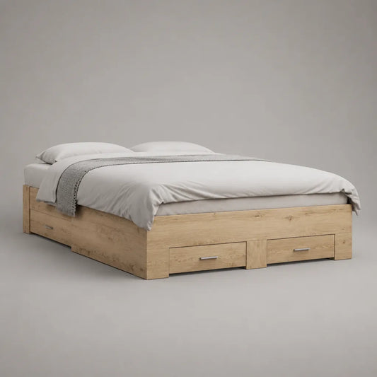 Stauraumbett Doppelbett mit 3 Schubladen aus melaminharzbeschichteter Spanplatte, Hellbraun, 166 × 206 × 45 cm, Liegefläche 160 × 200 cm