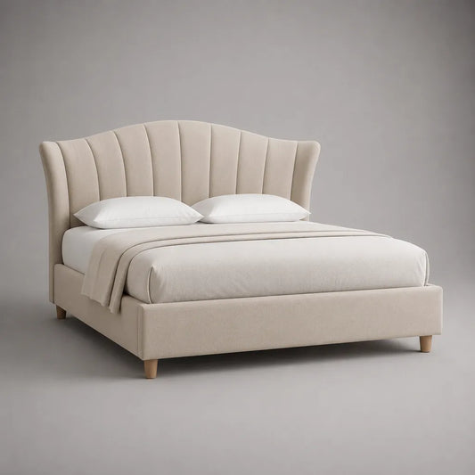 Polsterbett 160 x 200 cm mit Lattenrost, geschwungenem Kopfteil und Chenille-Stoffbezug, Beige