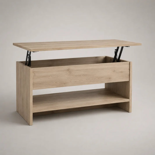 Höhenverstellbarer Couchtisch aus Spanplatte und Stahl mit Stauraum und Ablage, Eichefarben/Schwarz, 100 × 50 × 45–60 cm