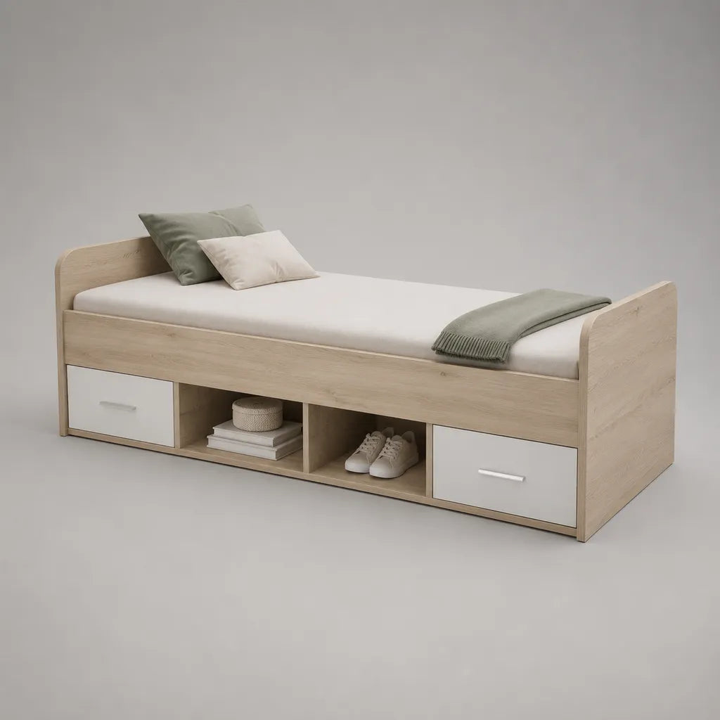 Stauraumbett 90 × 200 cm aus melaminbeschichteter Spanplatte mit 2 Schubladen und 2 offenen Fächern, Eiche natur/Weiß