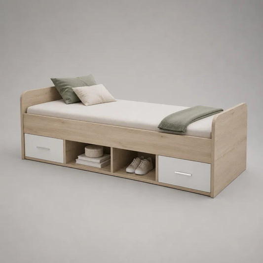 Stauraumbett 90 × 200 cm aus melaminbeschichteter Spanplatte mit 2 Schubladen und 2 offenen Fächern, Eiche natur/Weiß