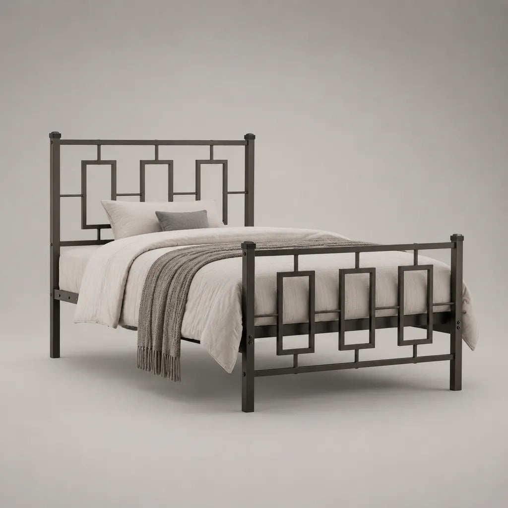 Metallbett 140 × 200 cm, Doppelbett aus Stahl mit Rechteckdekor, Dunkelgrau