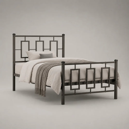 Metallbett 140 × 200 cm, Doppelbett aus Stahl mit Rechteckdekor, Dunkelgrau