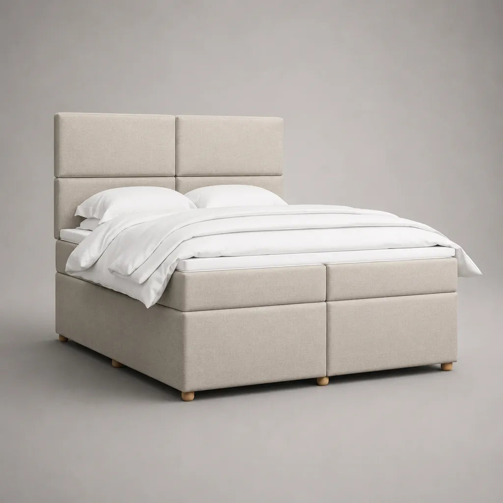 Boxspringbett 180 × 200 cm in Beige mit gepolstertem Kopfteil, 2 Matratzen und Topper, Polyesterbezug
