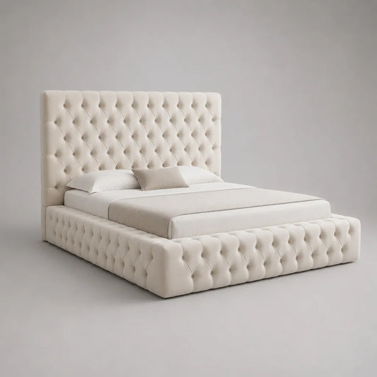 Polsterbett-Doppelbett aus Polyestersamt mit Knopfheftung, Cremeweiß, Liegefläche 180 × 200 cm, Gesamtmaß 225 × 205 × 150 cm