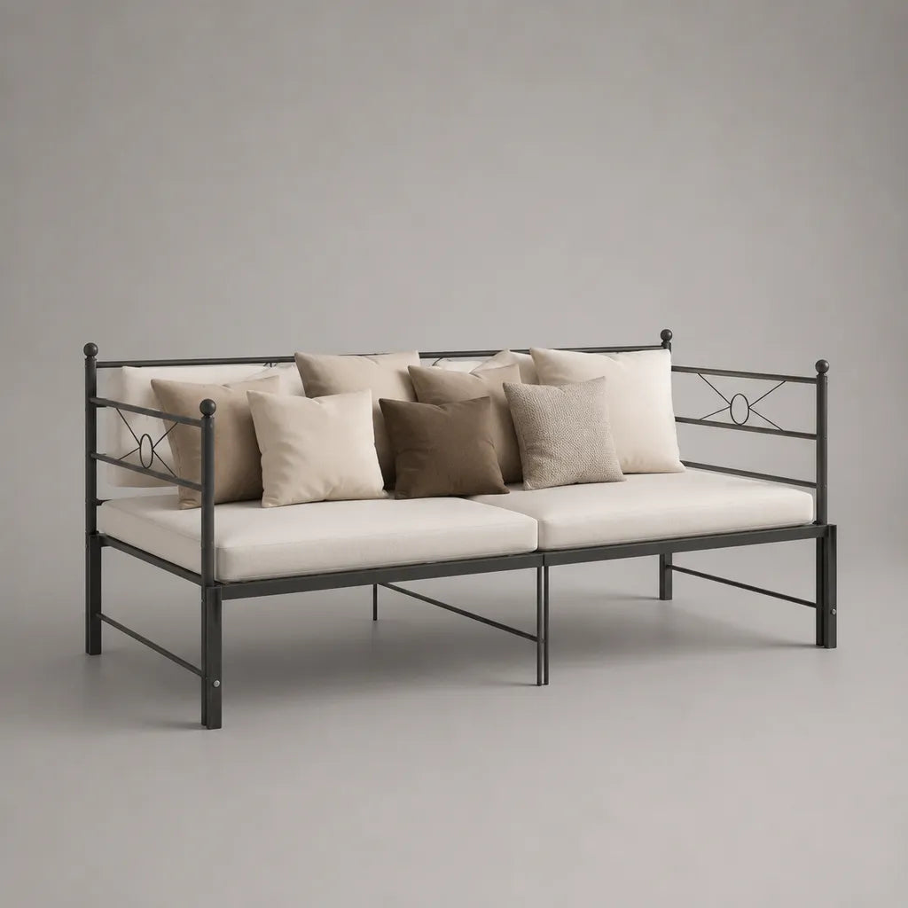 Tagesbett 208 × 96 × 90 cm, Liegefläche 90 × 200 cm, Stahlgestell und Polyesterpolster, Anthrazit/Creme