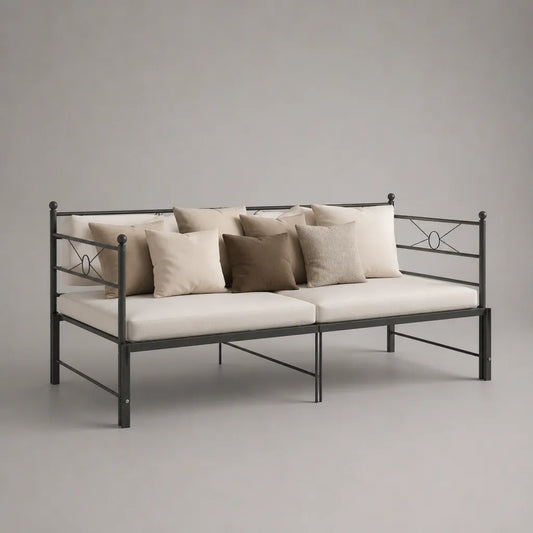 Tagesbett 208 × 96 × 90 cm, Liegefläche 90 × 200 cm, Stahlgestell und Polyesterpolster, Anthrazit/Creme