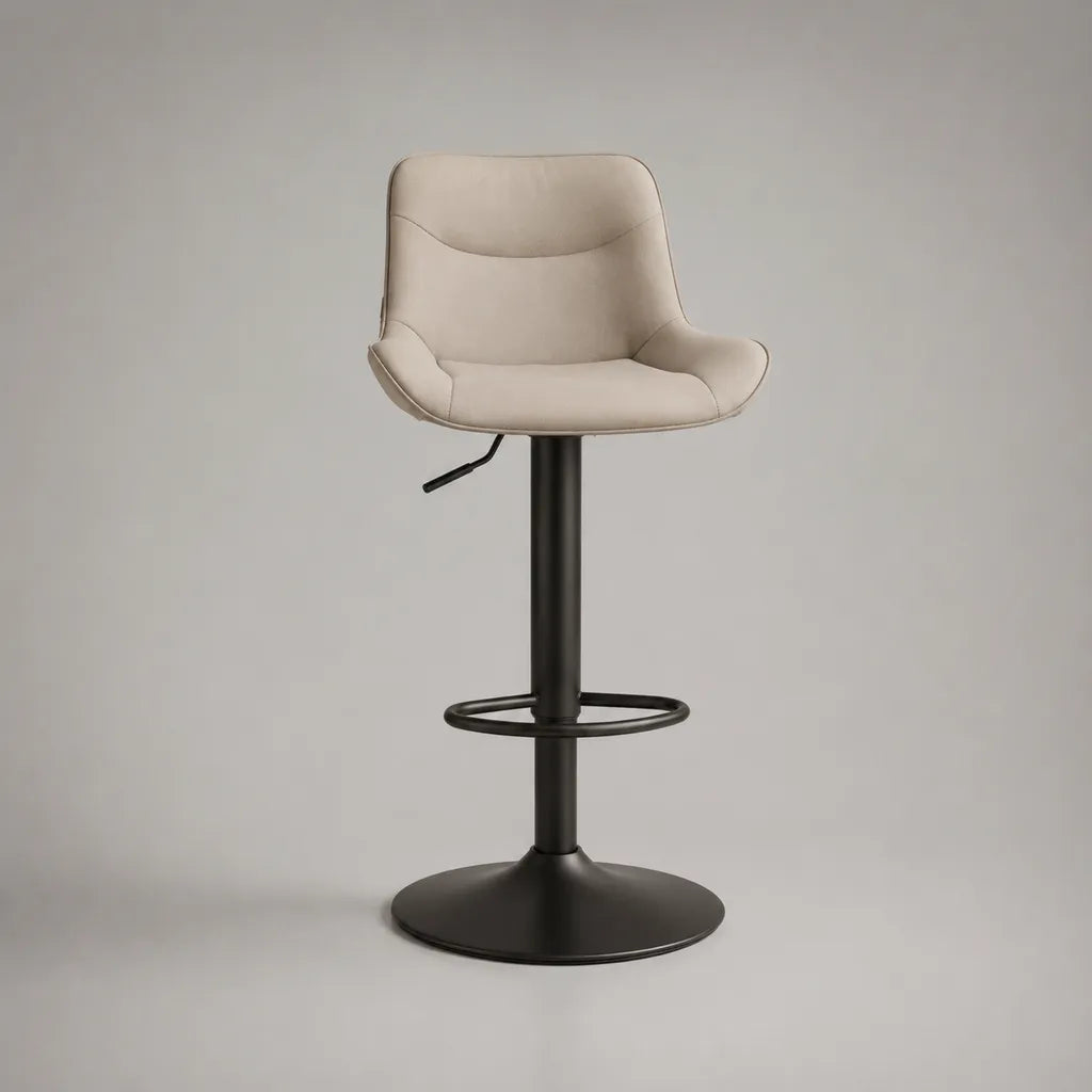 Höhenverstellbarer, 360° drehbarer Barhocker mit Rückenlehne aus Polyester-Mikrofaser und Stahl, Beige und Schwarz, 52 × 52 × 88–109 cm
