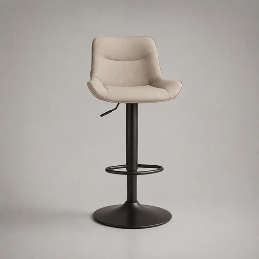 Höhenverstellbarer, 360° drehbarer Barhocker mit Rückenlehne aus Polyester-Mikrofaser und Stahl, Beige und Schwarz, 52 × 52 × 88–109 cm