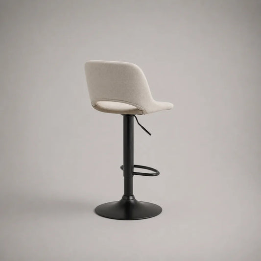 Höhenverstellbarer Barhocker aus Stoff und Stahl mit Rückenlehne, 360° drehbar, Cremeweiß/Schwarz, 48 x 50 x 86–107 cm