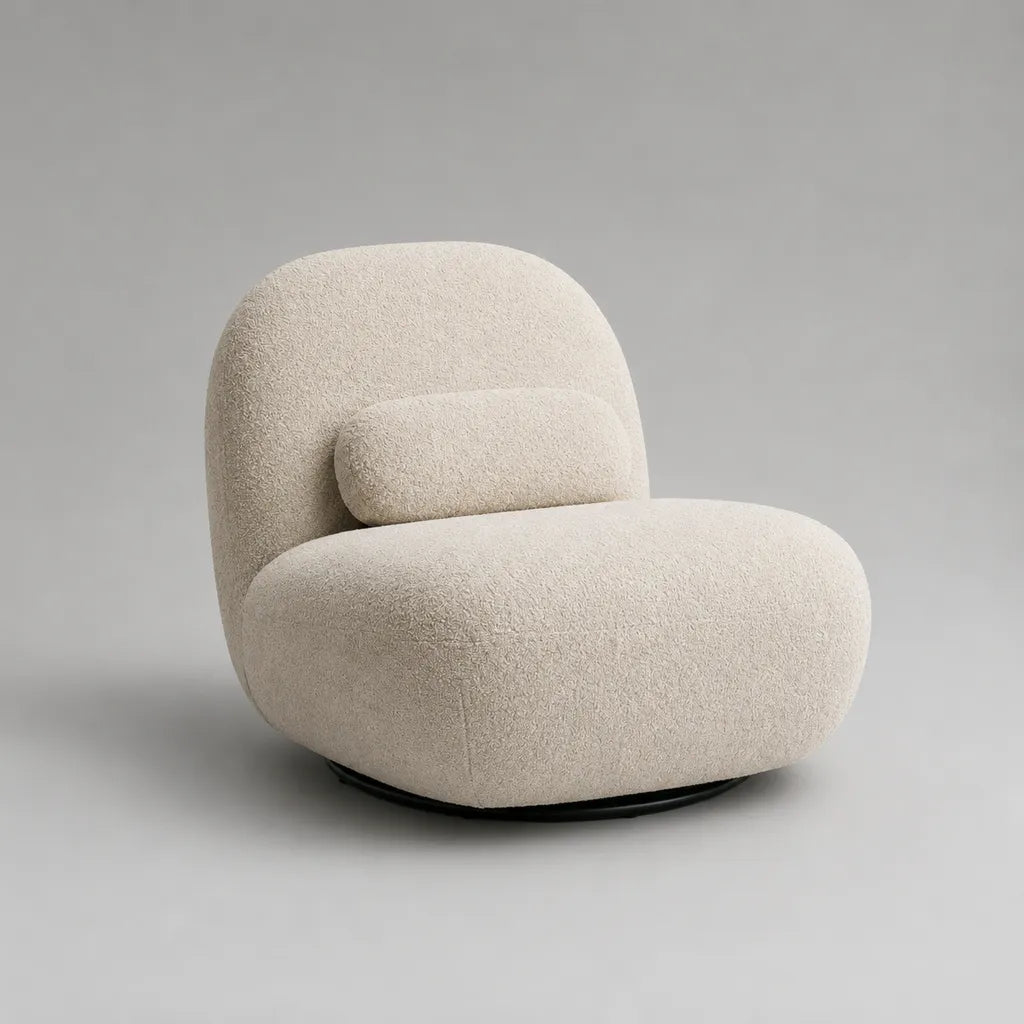 Runder Drehsessel mit Lendenkissen, Polyester-Bouclé, Creme, 90 x 90 x 78 cm