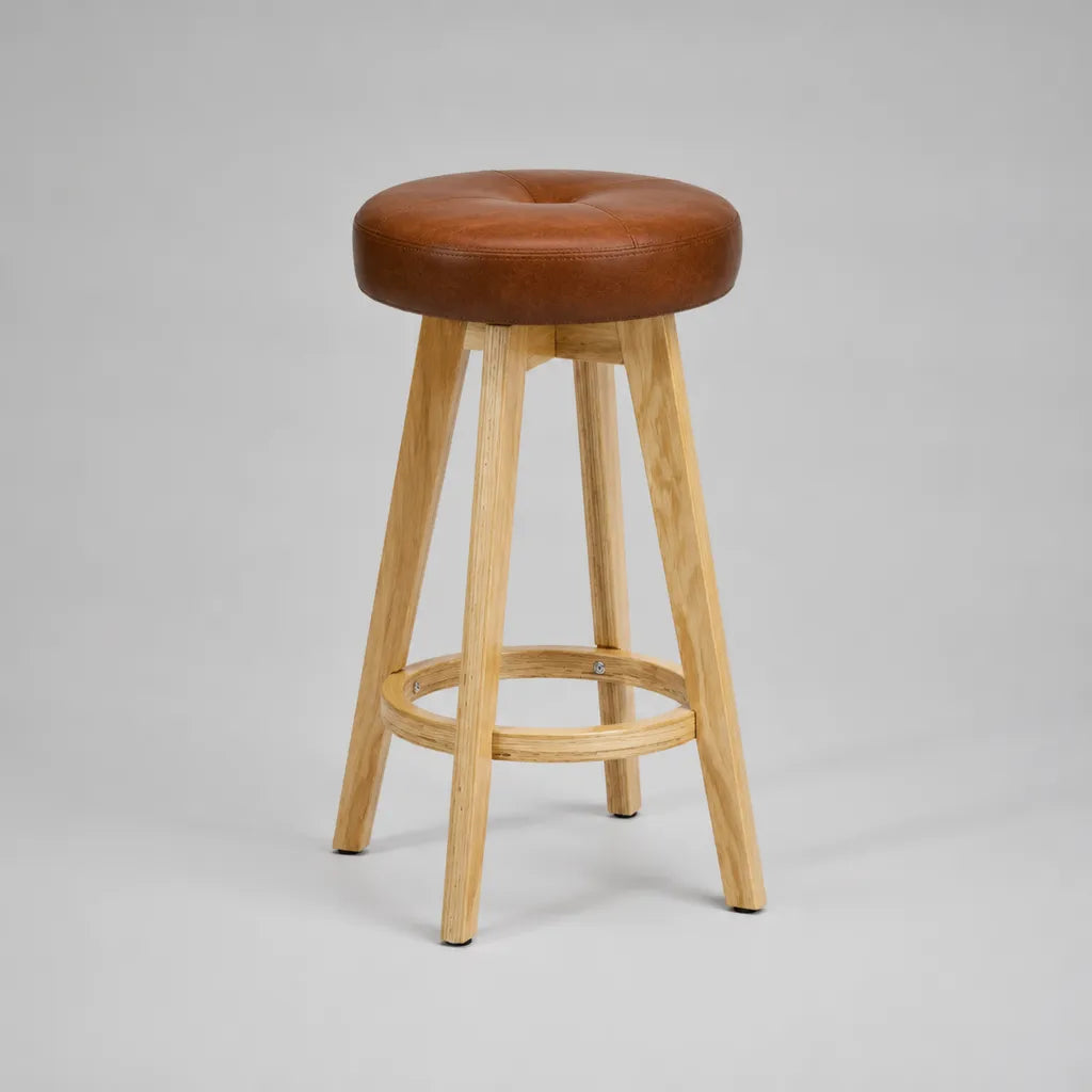 Barhocker mit rundem PU-Kunstledersitz und Massivholzgestell, Braun/Natur, 40 × 40 × 75 cm