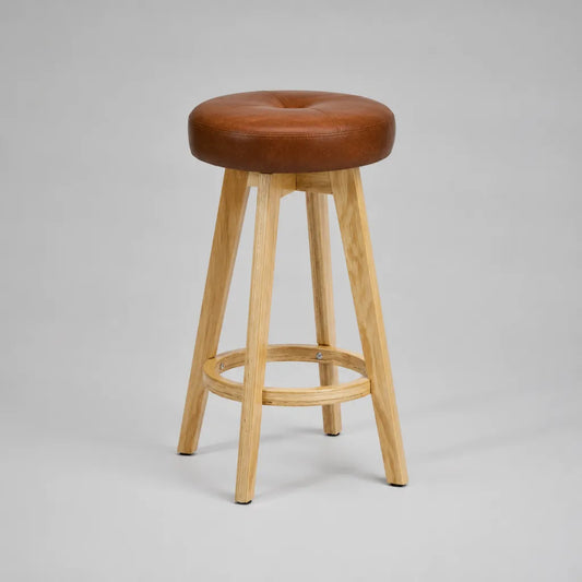 Barhocker mit rundem PU-Kunstledersitz und Massivholzgestell, Braun/Natur, 40 × 40 × 75 cm