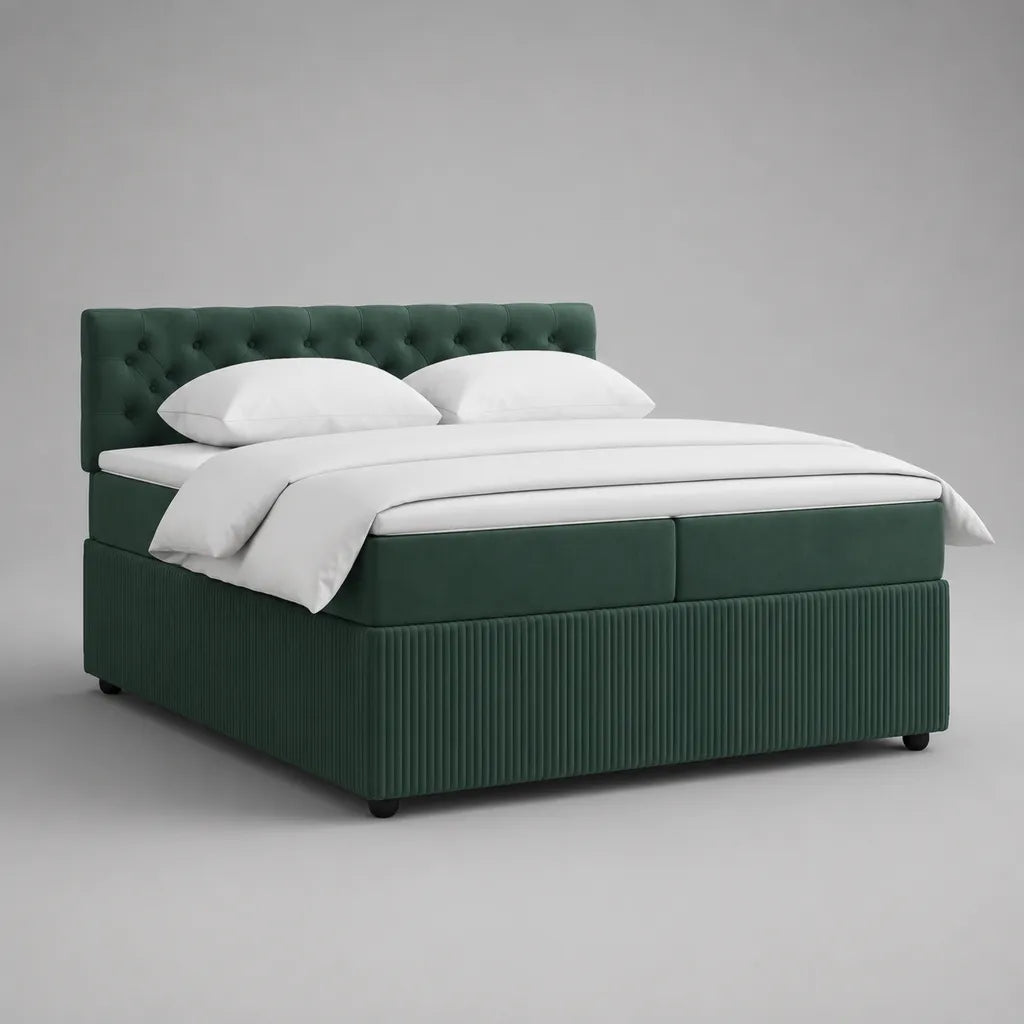 Polsterbett Doppelbett mit Kopfteil aus Polyester-Samt, Dunkelgrün, Liegefläche 180 × 200 cm