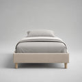 Polsterbettgestell für Matratze 90 x 200 cm, Gesamtmaß 210 x 100 x 37 cm, aus Polyester und Massivholz, Beige und Naturfarben