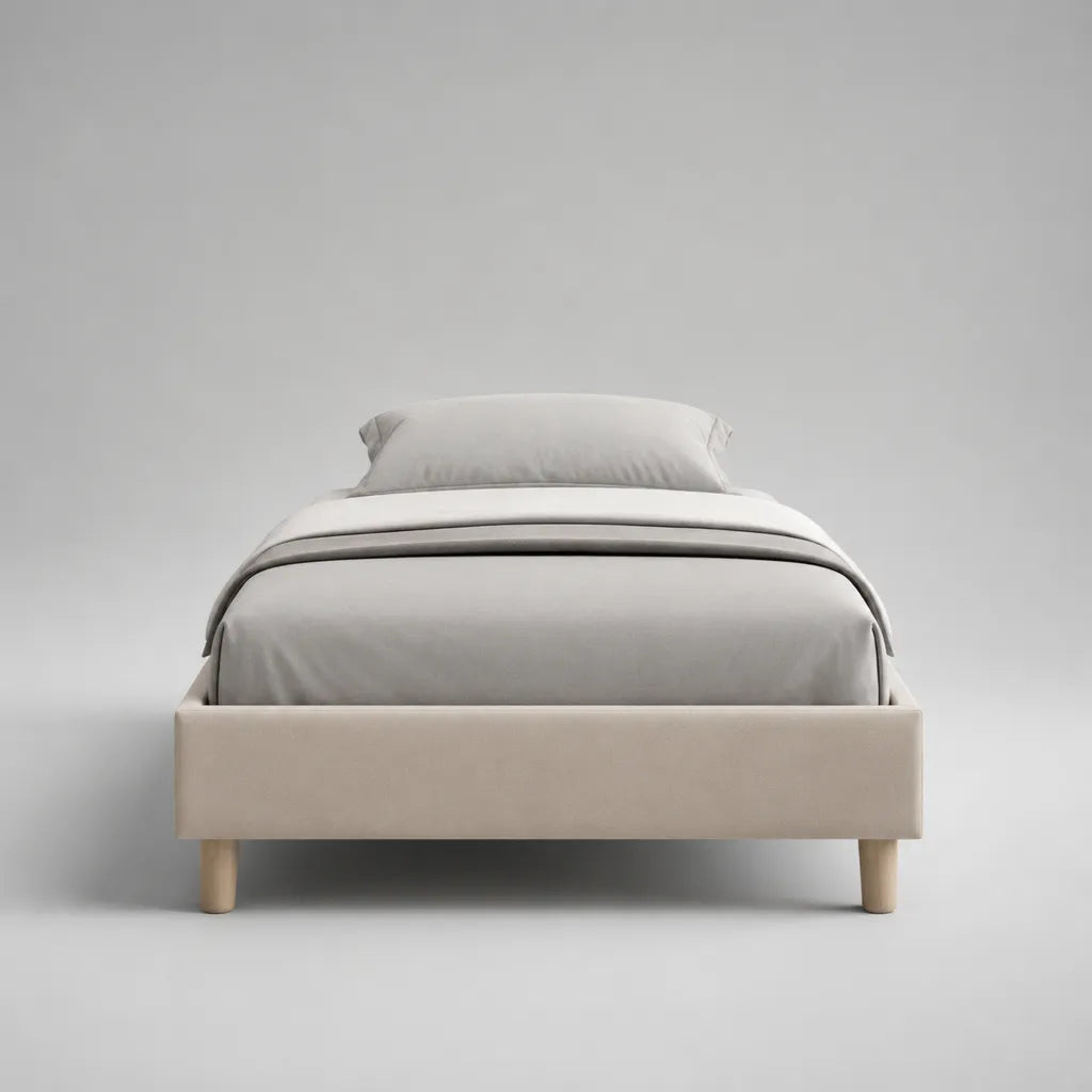 Polsterbettgestell für Matratze 90 x 200 cm, Gesamtmaß 210 x 100 x 37 cm, aus Polyester und Massivholz, Beige und Naturfarben
