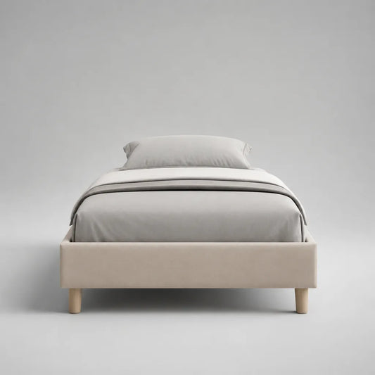 Polsterbettgestell für Matratze 90 x 200 cm, Gesamtmaß 210 x 100 x 37 cm, aus Polyester und Massivholz, Beige und Naturfarben