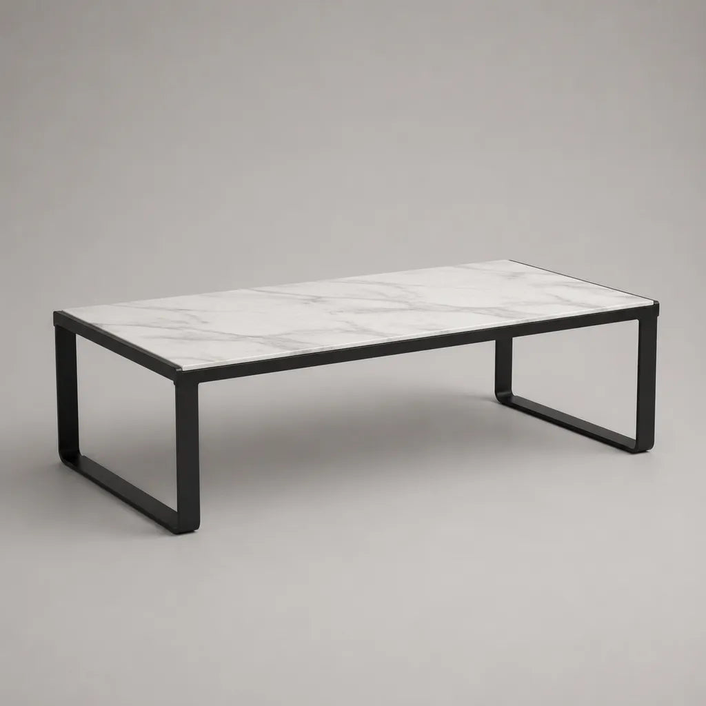 Rechteckiger Couchtisch mit Keramikplatte in Marmoroptik und Stahlgestell, Weiß-Grau-Schwarz, 100 × 60 × 40 cm