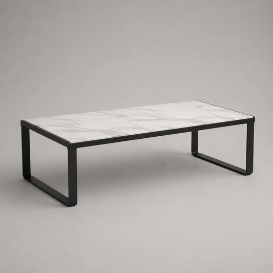 Rechteckiger Couchtisch mit Keramikplatte in Marmoroptik und Stahlgestell, Weiß-Grau-Schwarz, 100 × 60 × 40 cm