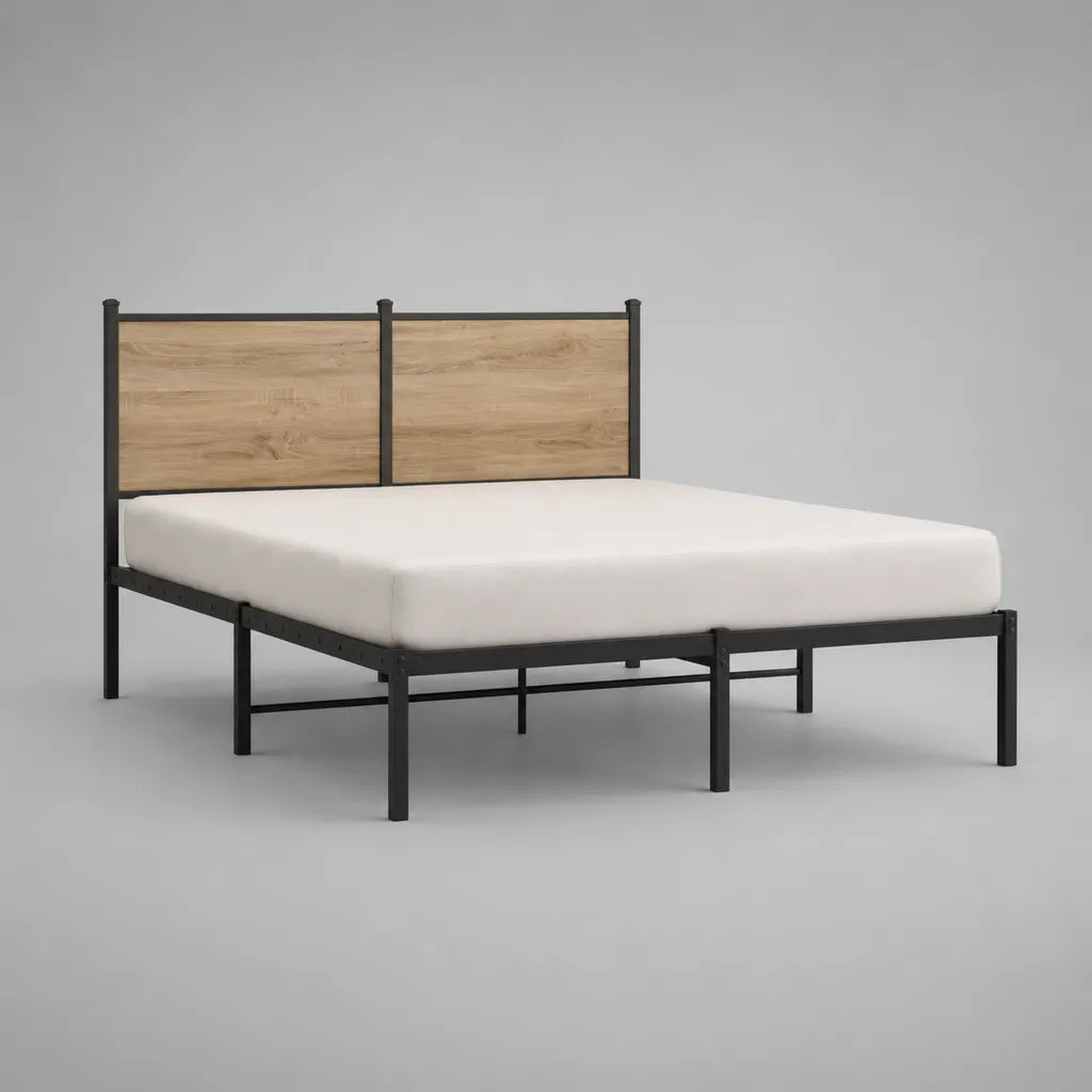 Metallbett 160 × 200 cm mit Stahlrahmen und MDF-Kopfteil, Schwarz/Eiche Natur