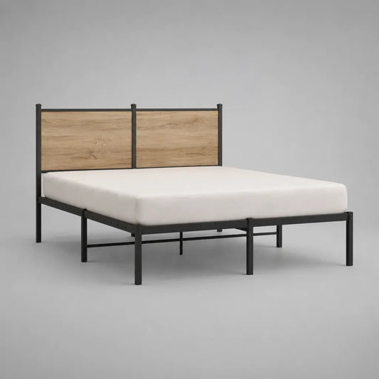 Metallbett 160 × 200 cm mit Stahlrahmen und MDF-Kopfteil, Schwarz/Eiche Natur