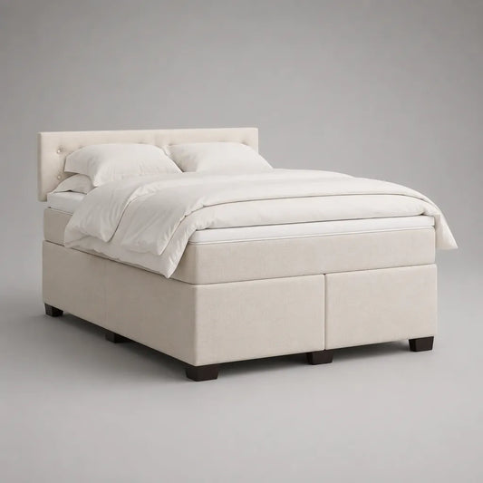 Boxspringbett-Doppelbett-Set mit Matratze, Topper und Kopfteil, Polyesterbezug, Creme, Liegefläche 180 × 200 cm, Gesamtmaß 190 × 215 × 115 cm