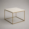 Quadratischer Couchtisch aus MDF in Marmoroptik mit Stahlgestell, Weiß/Gold, 70 × 70 × 45 cm