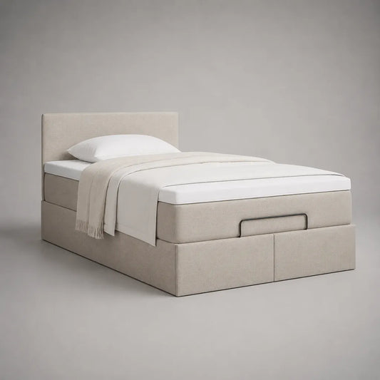 Beiges Polsterbett mit Bettkasten und Matratze, Polyesterbezug, Liegefläche 120 × 200 cm