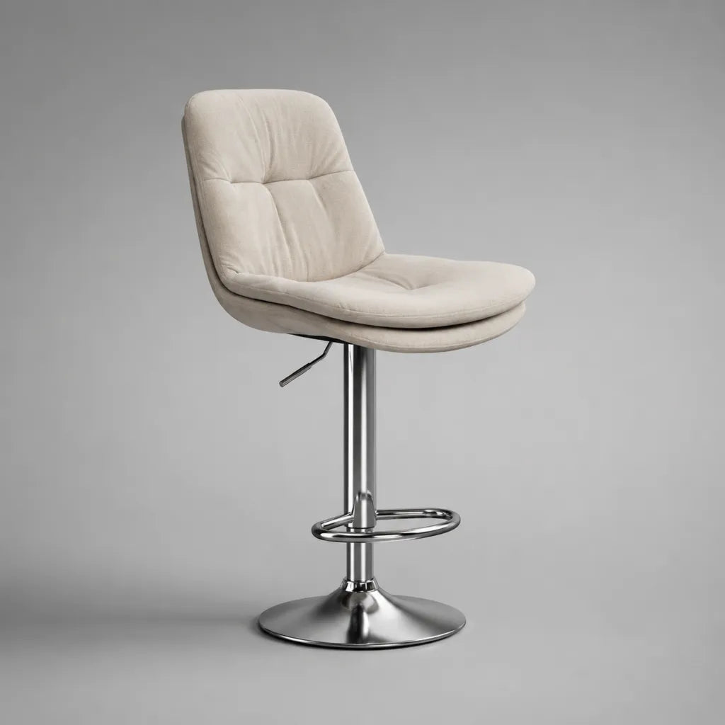 Höhenverstellbarer Barhocker aus Polyester-Velours und verchromtem Stahl, 360° drehbar, Creme/Silber, 52 × 50 × 88–109 cm