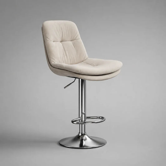 Höhenverstellbarer Barhocker aus Polyester-Velours und verchromtem Stahl, 360° drehbar, Creme/Silber, 52 × 50 × 88–109 cm