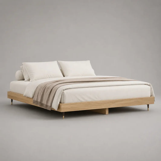 Doppelbett-Bettgestell aus Holz mit Metallbeinen, 188 × 208 × 35 cm, Liegefläche 180 × 200 cm, Natur/Schwarz/Messingfarben